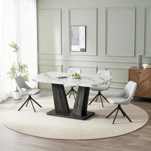 Vista 10 de Juego de mesa de comedor para 6, juego de mesa de comedor de mármol para 6, juego de 6 sillas de mesa de cocina con base de madera, juego de mesa