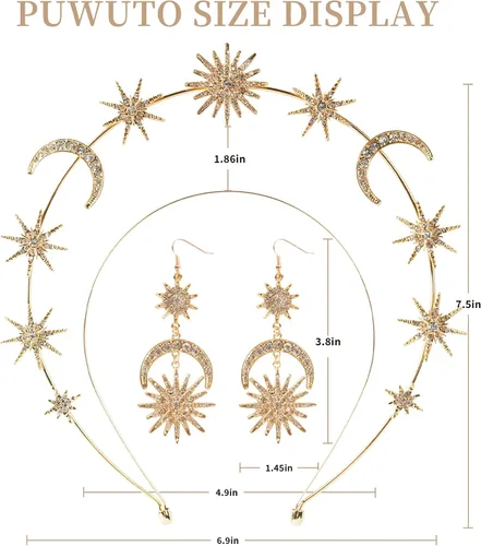 Vista 2 de Halo Crown - Stars Crystal Goddess HeadBand with Earrings Mary Metal Halo Headpiece Celestial Crowns Tiaras for Women Bridal Wedding Costume Cosplay