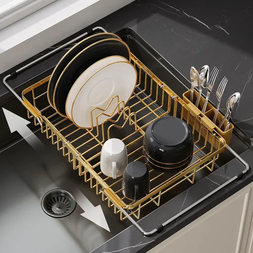 Vista 23 de Apartment RV Small Dish Drainer Drying Rack Over The Sink In Stainless Steel for Narrow Kitchen, Counter Space Saving Compact Expandable Metal Plate
