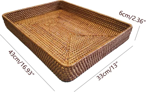 Vista 2 de i-lan Mesa de café rectangular de ratán otomano de 17 pulgadas sin asas, bandeja rectangular de mimbre natural con pared de 2.4 pulgadas