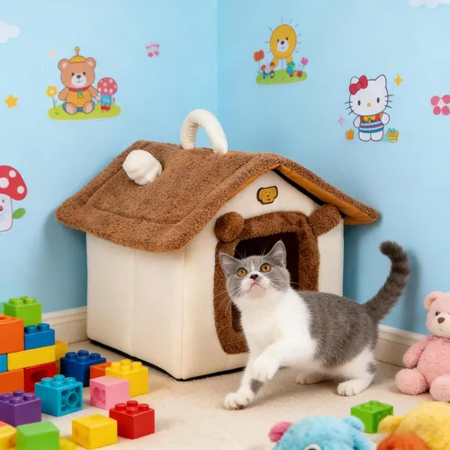 Vista 6 de Cama para gatos de interior, cama tipo cueva de gato con diseño de dibujos animados, diseño de mango, escondite suave para interiores, bonita casa