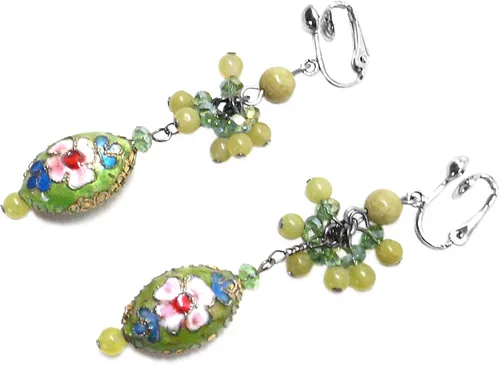 Vista 7 de Lime Green Chinese Cloisonne Enamel Cluster Drop Earrings Pierced or Clip On