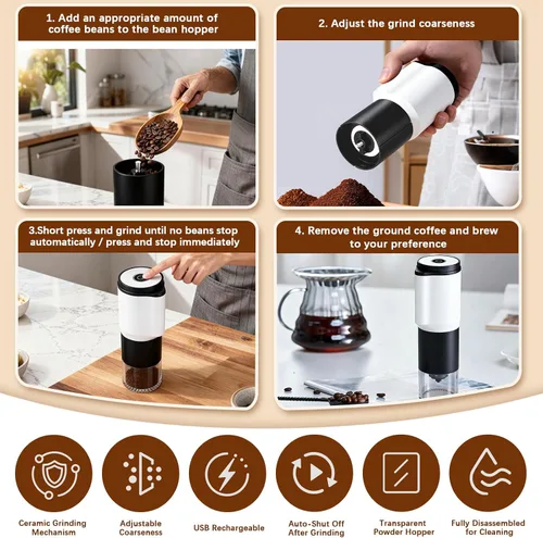 Vista 4 de Molinillo de café eléctrico portátil compacto, cuenta con una batería recargable integrada de 1300 mAh, ajustes de molienda ajustables para granos