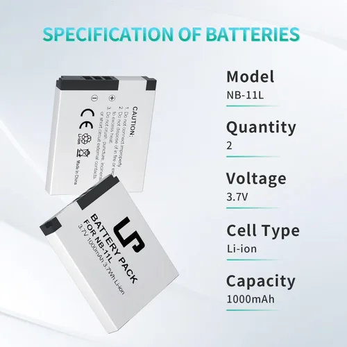 Vista 5 de LP Batería NB-11L, paquete de 2 baterías de 1000 mAh compatibles con Canon PowerShot A2300, A2400, A2500, A2600, A3400 es, A3500 es, A4000 es, ELPH