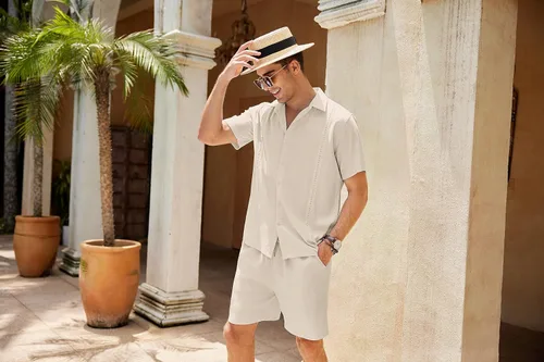 Vista 3 de COOFANDY Conjunto de 2 piezas de lino para hombre camisa con botones y pantalones cortos