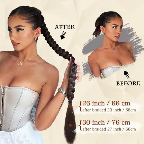 Vista 16 de SOFEIYAN Extensión de cola de caballo trenzada larga con banda elástica y mechón liso envolvente, extensiones de cabello naturales suaves
