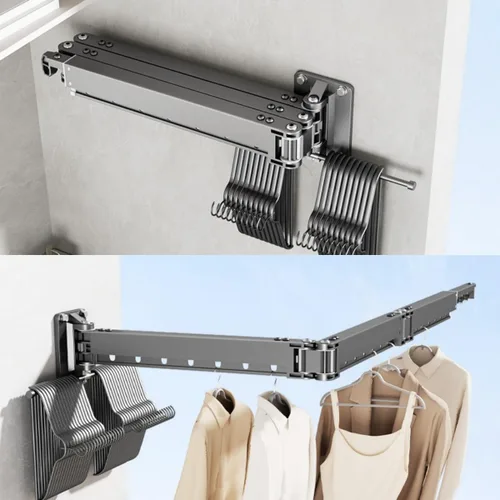Vista 4 de Estante de ropa montado en la pared, estante de secado de ropa plegable extendido para dormitorio y baño, estante de secado de ropa elástico
