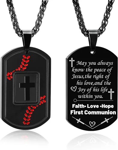 Vista 14 de Collar de cruz con versículo bíblico de béisbol, acero inoxidable, dije de cruz en tono negro/dorado/plateado, regalos religiosos, joyería deportiva