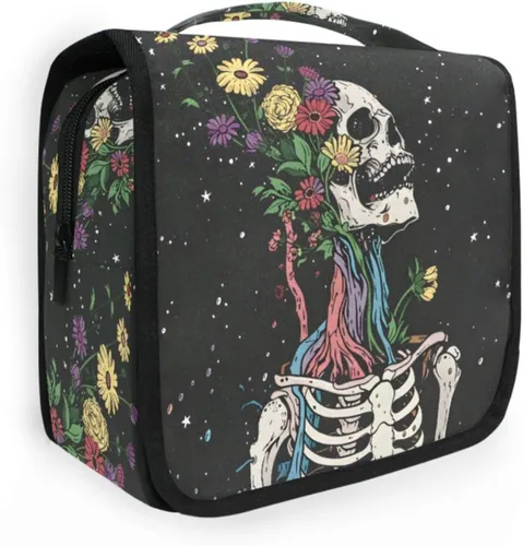 Vista 16 de MNSRUU Neceser colgante con diseño de calavera y girasol, bolsa de maquillaje de viaje para artículos de tocador, organizador de artículos