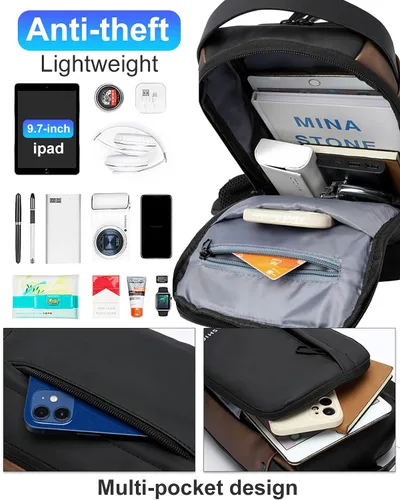 Vista 3 de Geanbun Mochila cruzada USB antirrobo impermeable para el pecho, D-azul y marrón, Moda