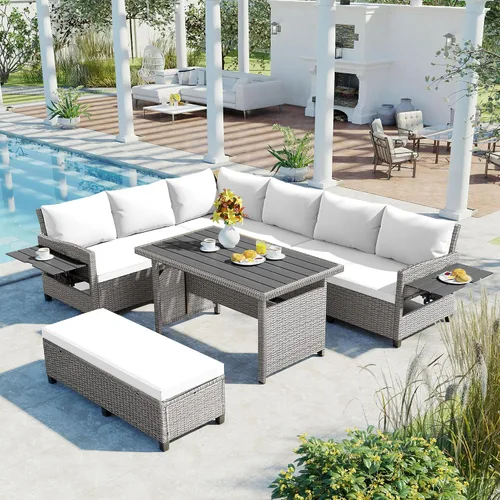 Vista 9 de Juego de conversación para patio, juego de sofá modular de 5 piezas, juego de muebles de mimbre de ratán PE con 2 mesas laterales extensibles