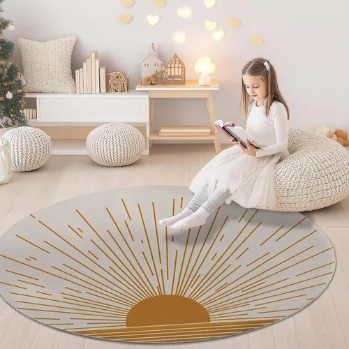 Vista 5 de Bath Mat Round Rug 2 ft, Boho Sun Line Mandala Washable Circular Rugs, Non Slip Absorbent Beige Circle Area Carpet for Kitchen Living Room Bedroom