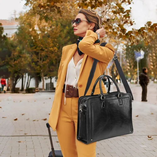 Vista 3 de Banuce Maletín de cuero italiano de granos completos genuinos para mujeres, bolsa de trabajo para computadora portátil de 15.6 pulgadas, color negro