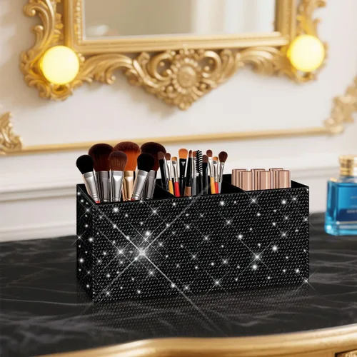 Vista 7 de Bling - Organizador de brochas de maquillaje, 3 ranuras para cosméticos, soportes de almacenamiento con diamantes de imitación brillantes, bonito