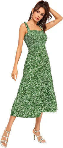 Vista 4 de SheIn - Vestido drapeado midi con tirantes sin mangas y estampado floral, con volantes, acampanado