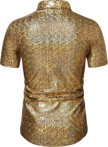 Vista 3 de WULFUL Camisa de discoteca para hombre con lentejuelas de manga corta con botones, camisas de vestir para fiesta de los años 70
