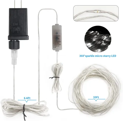 Vista 7 de 2 paquetes de luces de hadas en forma de cuerda enchufables, 33 pies, 100 micro estrellas LED impermeables para exteriores con 8 modos
