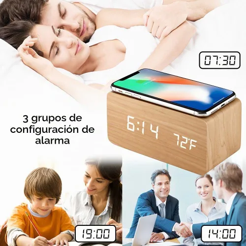 Vista 7 de OCT17 Reloj despertador con almohadilla de carga inalámbrica Qi, compatible con iPhone, Samsung, reloj digital LED de madera, función de control