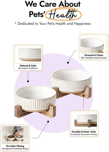 Vista 2 de LE TAUCI PET Juego de cuencos de cerámica para perros y gatos con soporte de madera de acacia, 2 tazas con peso antideslizante para alimentos y agua