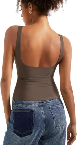 Vista 30 de SUUKSESS Camisetas sin mangas con respaldo abierto y cuello barco acolchado para mujer, con doble forro, camisas básicas Negro (Black Polka Dots)