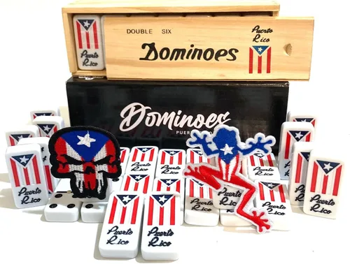 Vista 5 de Juego de dominó Puerto Rico para adultos, regalo doble de seis Dominó puertorriqueño, estilo boricua viene con bandera de relaciones públicas