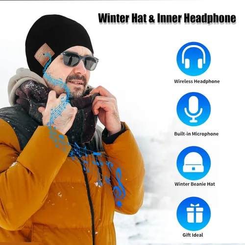 Vista 2 de Euezmy Gorro Bluetooth para hombre, gorro Bluetooth con auriculares, gorro de punto de invierno con música, cosas para hombres, regalos de Navidad