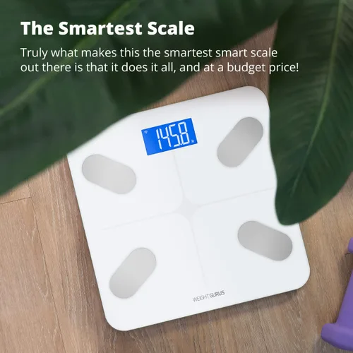Vista 6 de Greater Goods Báscula de baño WiFi, mide peso, IMC, grasa corporal, masa muscular y porcentaje de agua, hasta 8 usuarios, 400 libras, color blanco