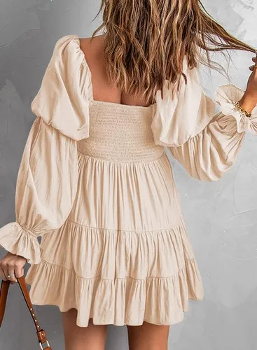 Vista 2 de Dokotoo - Vestido corto de verano para mujer 2022, elegante, con hombros descubiertos, cuello en V, manga larga, con volantes, estilo skater