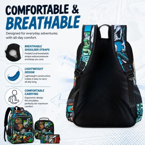 Vista 8 de CCJPX 3Pcs Backpack for Boys, 16 Inch Preschool Elementary Kindergarten School Backpacks and Lunch Box Aa1-dinosaurio Negro