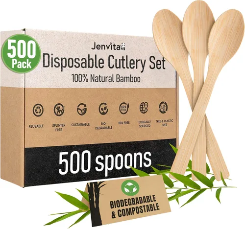 Vista 19 de Juego de cubiertos 100% de bambú - Juego de 100 cubiertos compostables