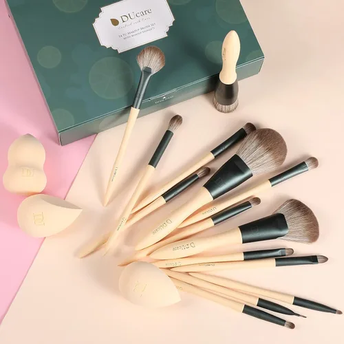 Vista 2 de DUcare Brochas de maquillaje, 14 piezas con 3 esponjas de maquillaje, bolsa de cosméticos y peine de pestañas