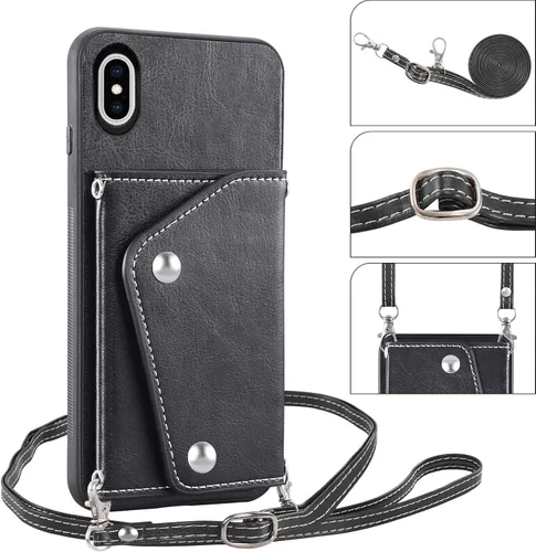 Vista 5 de Asuwish Funda para iPhone X 10 con protector de pantalla de vidrio templado y soporte para tarjeta de crédito con correa cruzada, accesorios