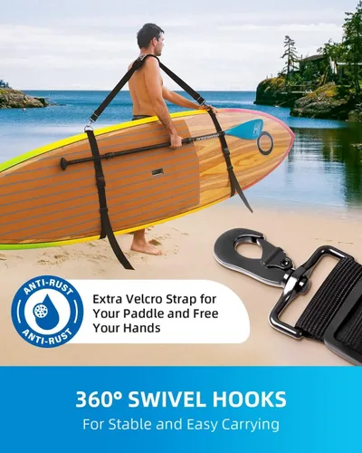 Vista 5 de OCEANBROAD Correa de transporte de hombro ajustable con clips para kayak SUP Correa de hombro de la nueva versión, accesorios universales