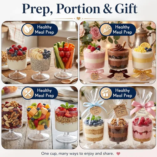Vista 4 de 100 mini tazas de postre de 2 onzas con 100 cucharas de plástico transparente, tazones de mousse con pies y pedestal de frutas, parfait aperitivo