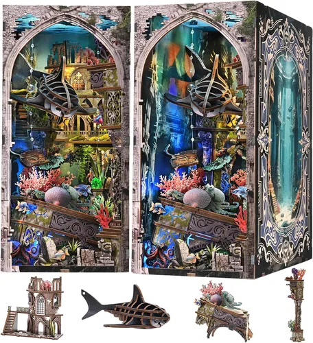 Vista 20 de fifijoy Kit de rincón de libros, casa de muñecas en miniatura para adultos y adolescentes, rompecabezas de madera 3D con luz LED, decoración retro