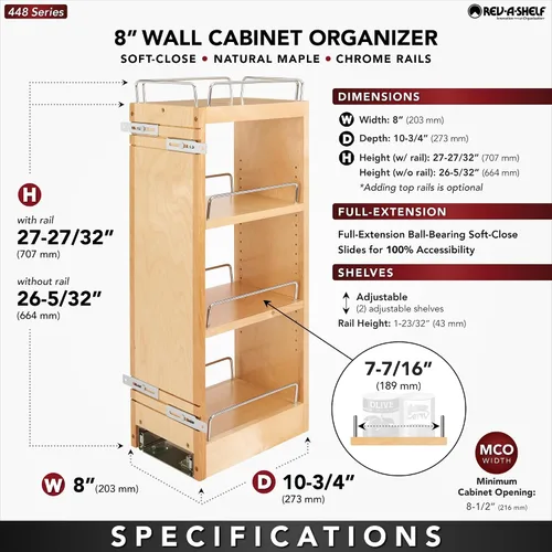 Vista 3 de Rev-A-Shelf Organizador de estante extraíble de 8 pulgadas para gabinetes de cocina y baño, estante deslizante de madera para especias o medicinas