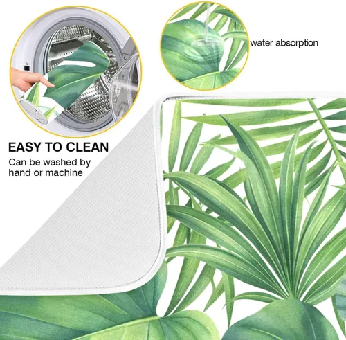 Vista 2 de Tapete de secado de platos con hojas de palma tropical para encimera de cocina, hoja verde de Monstera absorbente de microfibra, almohadilla