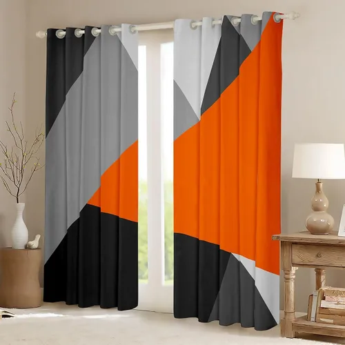 Vista 2 de Cortinas opacas de 38 pulgadas de ancho x 45 pulgadas de largo, cortinas opacas de triángulo geométrico naranja, negro, gris claro, cortinas