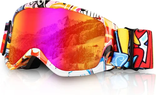 Vista 8 de Gafas de esquí para niños, gafas de snowboard para niños y niñas, jóvenes, OTG gafas de esquí antivaho con correa antideslizante