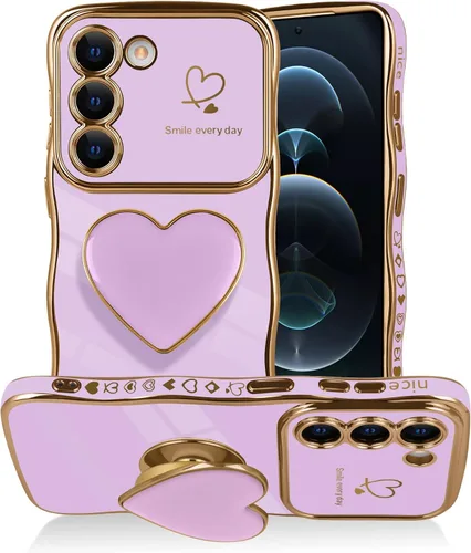 Vista 17 de Funda para Samsung Galaxy S23 Love-Heart Holder Case Cute Black Luxury Wave Frame forma rizada con corazón de amor, cubierta protectora de TPU suave