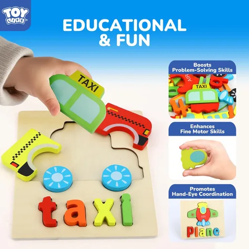 Vista 3 de TOY Life Rompecabezas para niños de 2 a 4 años, 4 vehículos con ortografía de madera para niños pequeños de 3 a 5 años, juguetes Montessori, regalos