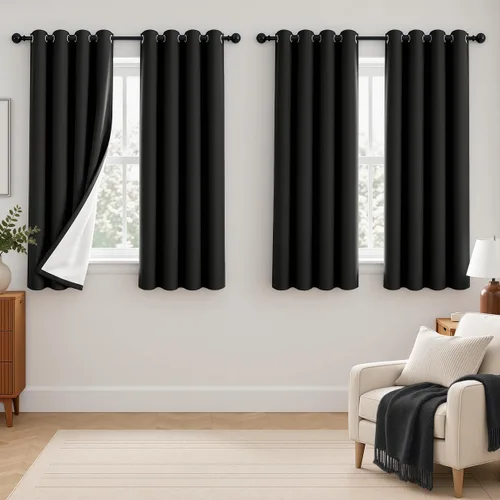 Vista 58 de 2 paneles de cortinas 100% opacas, de peso medio, con aislamiento térmico y ojales para dormitorio, sala de estar, tratamiento de ventana