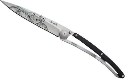 Vista 4 de deejo - Cuchillo de bolsillo plegable 37G con clip para cinturón - Diseño Café Racer, hoja de acero inoxidable de 3.7 pulgadas, mango de madera