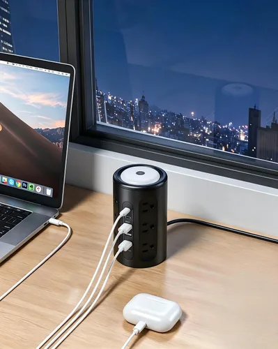 Vista 6 de Torre de tira de alimentación AnnTane con luz nocturna, tira de alimentación con protector de sobretensiones y puertos USB, cable de extensión de 10