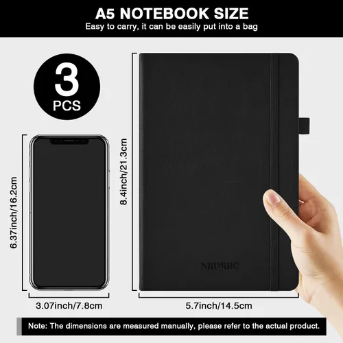 Vista 5 de Paquete de 3 cuadernos rayados con bolígrafo, cuadernos A5 (5.7 x 8.4 pulgadas) de tapa dura de cuero para mujeres y hombres, trabajo, 160 páginas