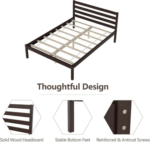 Vista 7 de Giantex Base de cama de plataforma de madera, cabecera con paneles, soporte de listones de madera, no necesita resortes, base de colchón de cama