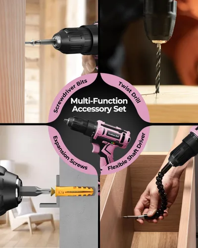 Vista 7 de Juego de taladro inalámbrico rosa, taladro eléctrico de 20 V para mujer, destornillador eléctrico ligero con paquete de energía y cargador