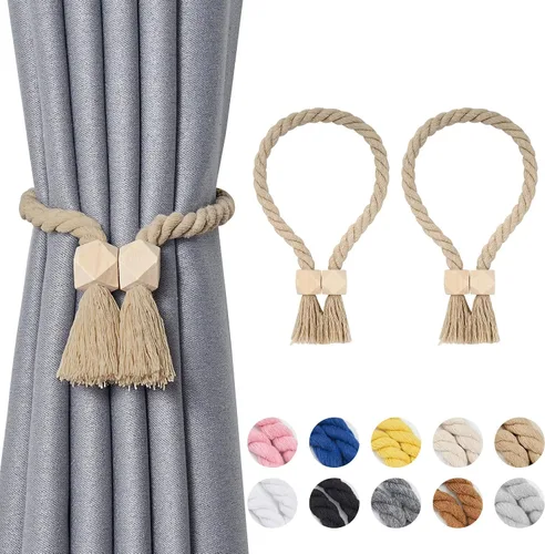 Vista 83 de NICEEC 2 Pack de Alzapaños Magnéticos de Madera en Forma de Cubo Boho para Decoración del Hogar, Alzapaños de Lino Tejidos a Mano para Cortinas Beige