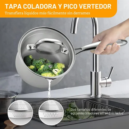 Vista 6 de Cacerola de acero inoxidable con tapa de vidrio templado, olla multiusos de 2.5 cuartos de galón, olla para verter fácilmente con mango ergonómico