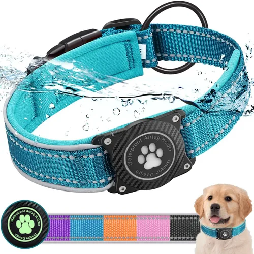 Vista 6 de Collar para perro Airtag con soporte impermeable para AirTag, luminoso reflectante, acolchado suave, collar de nailon ajustable para perros Negro